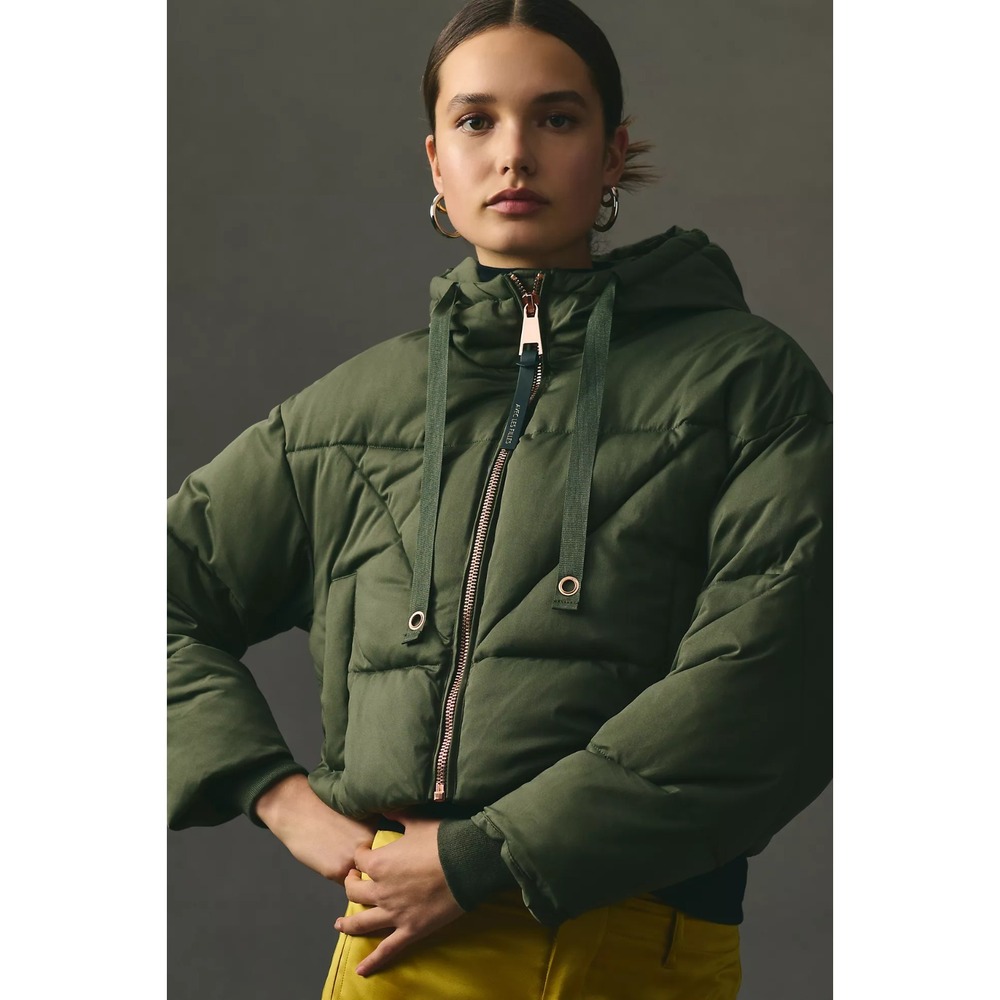 Avec Les Filles Anthropologie Hooded Cropped Puffer Jacket Size XS Olive Green